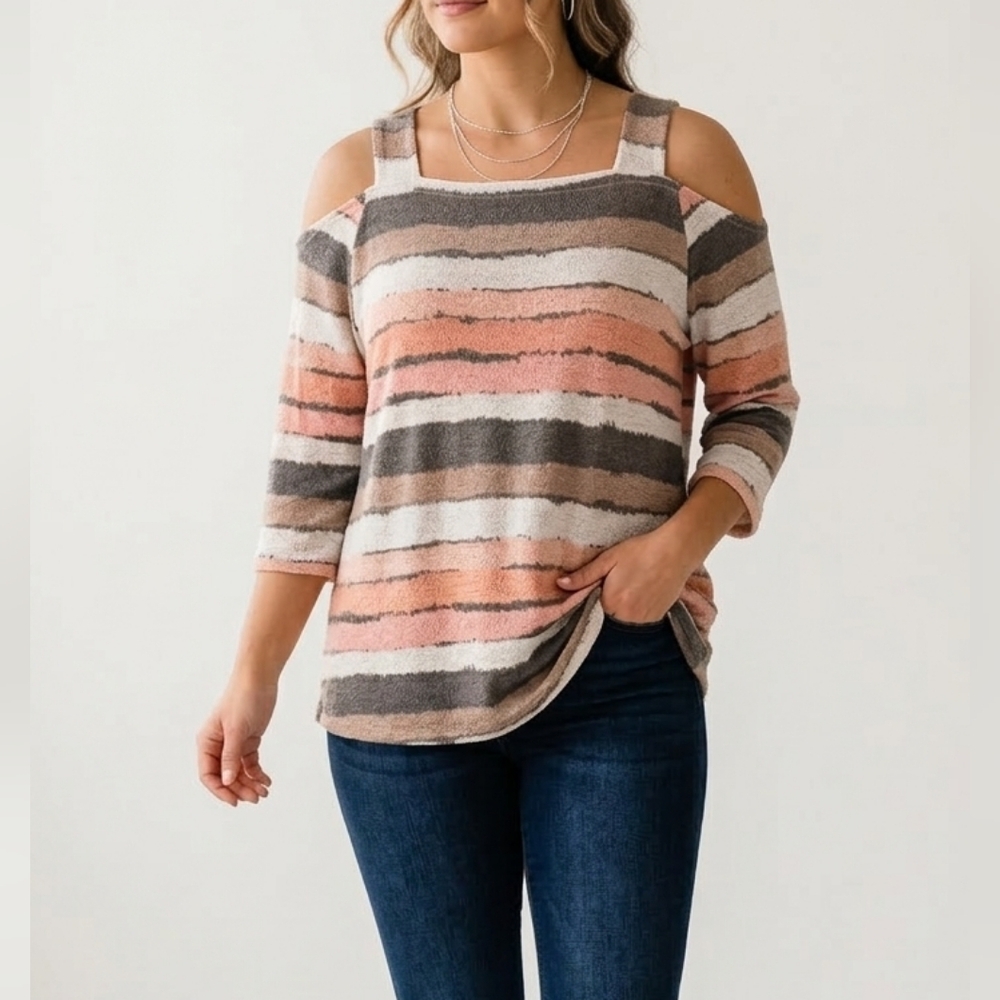 [Artex Fashion] Lightweight Cold Shoulder Long-sleeve Striped Blouse Women Med